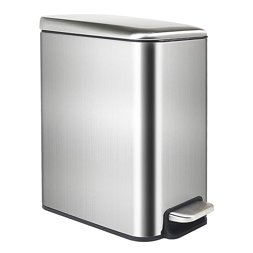 TMTECH Stainless Steel Bathroom Trash Can with Lid Soft-Close and Inner Wastebasket, Rectangular Slim Small Trash Can for Bedroom Kitchen Office, Anti-Fingerprint Brushed, 5L1.3Gal, Silver, (TM)