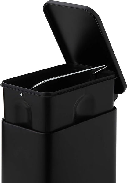 SunnyPoint 5 Liter / 1.32 Gallon Trash Can with Plastic Inner Buckets; Square/Rectangle Bathroom, Office, Kitchen, and Bedroom Step On and Slow Close (11.5" X 5.5" X 11.22", Black)