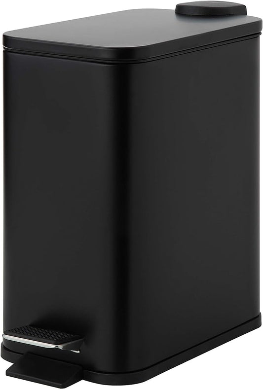 SunnyPoint 5 Liter / 1.32 Gallon Trash Can with Plastic Inner Buckets; Square/Rectangle Bathroom, Office, Kitchen, and Bedroom Step On and Slow Close (11.5" X 5.5" X 11.22", Black)