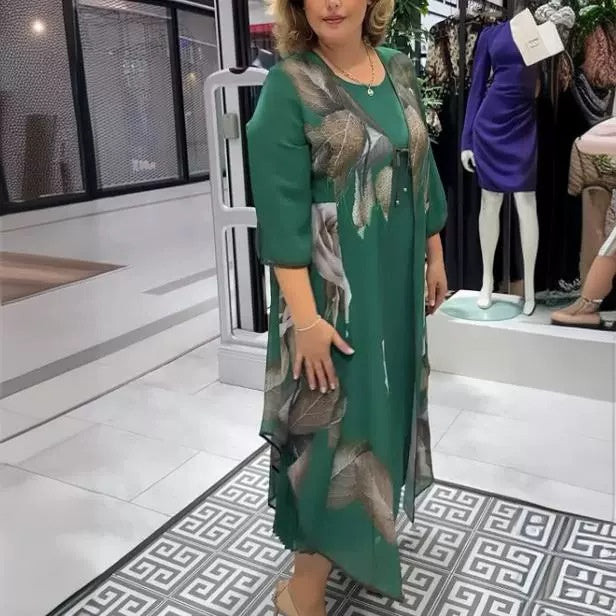 Cross-Border 2024 European and American Amazon Summer New Casual Dress False Two-Piece Suit Printed round Neck Slim Fit Long Dress